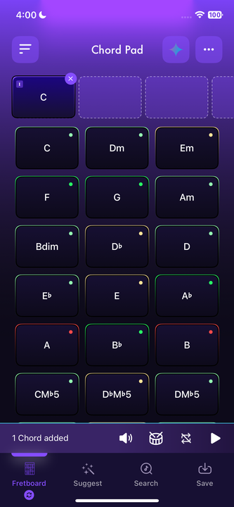 Vyibe Chord Pad with a C chord added to the progression.