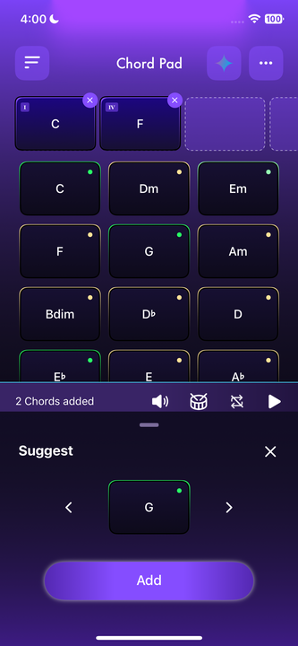 Vyibe Suggest panel proposing a G chord to follow C and F.
