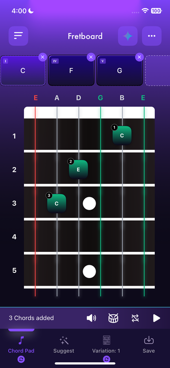 Vyibe fretboard view showing finger positions for the C chord.