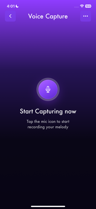 Vyibe Voice Capture — tap the mic to record your melody.