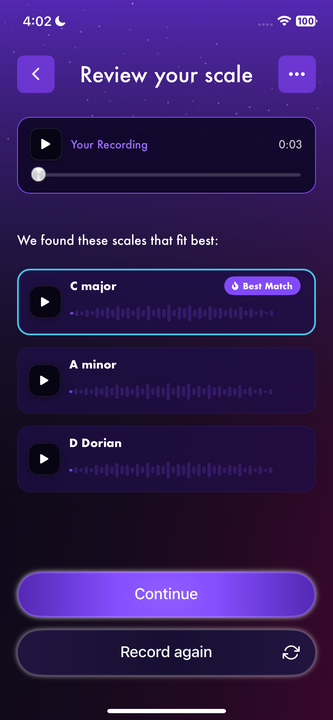 Vyibe scale review — C major shown as the best match for your recording.
