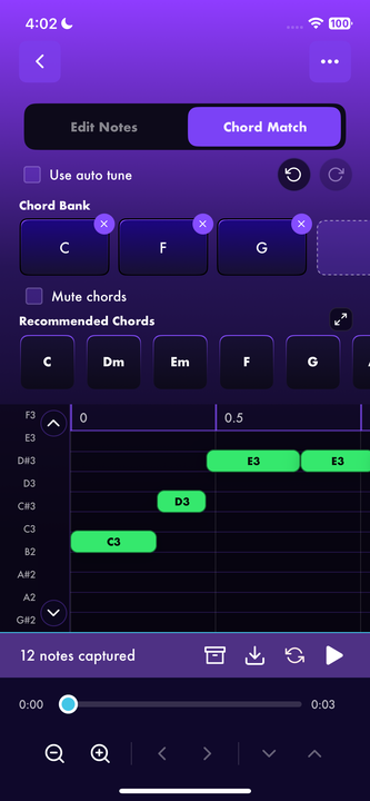 Vyibe Chord Match — captured notes on a piano roll with a chord bank of C, F, and G.